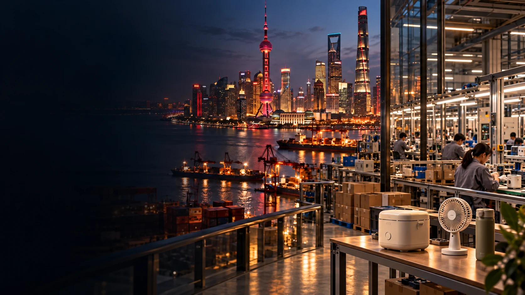 Cidade chinesa iluminada, fábrica e produtos em uma bancada